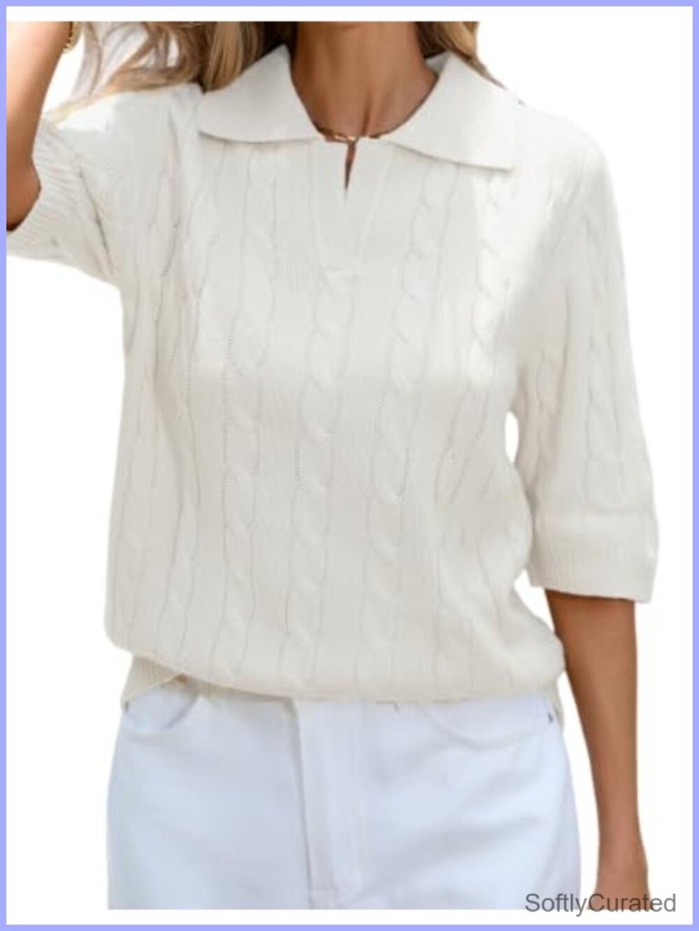 Cable Knit Polo Pullover Sweater Short Sleeve Top